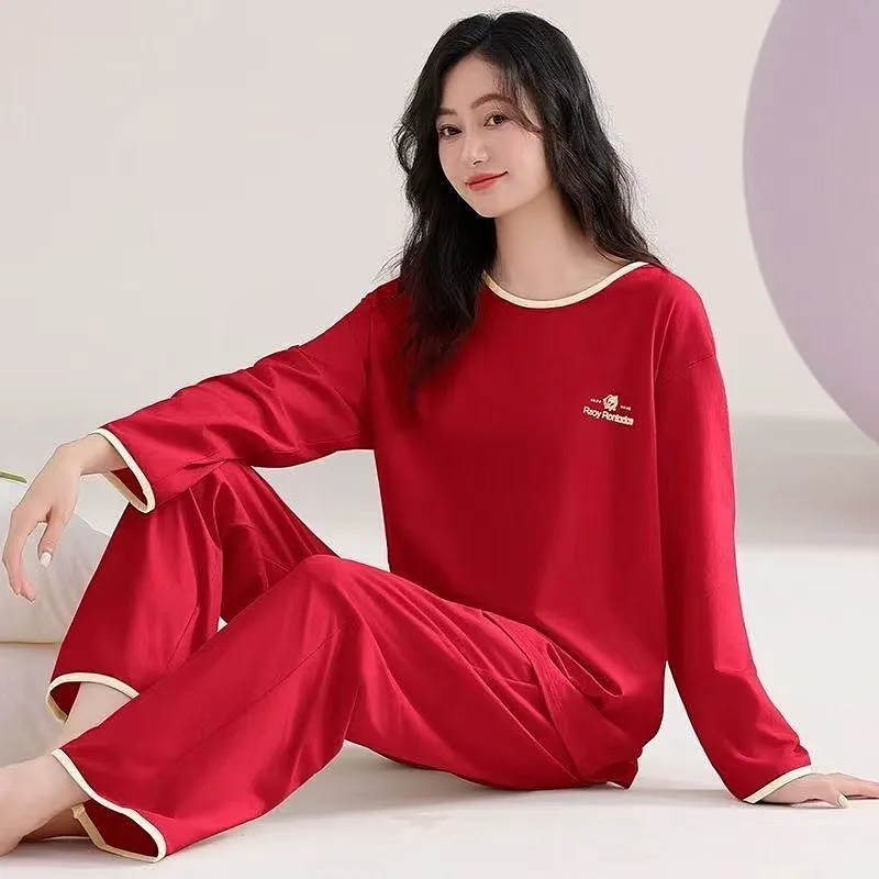 

Красный домашний костюм для женщин, новые комплекты с длинными рукавами и брюками, повседневная одежда для сна на весну и осень, пижамы, ночная одежда, пижамы для женщин
