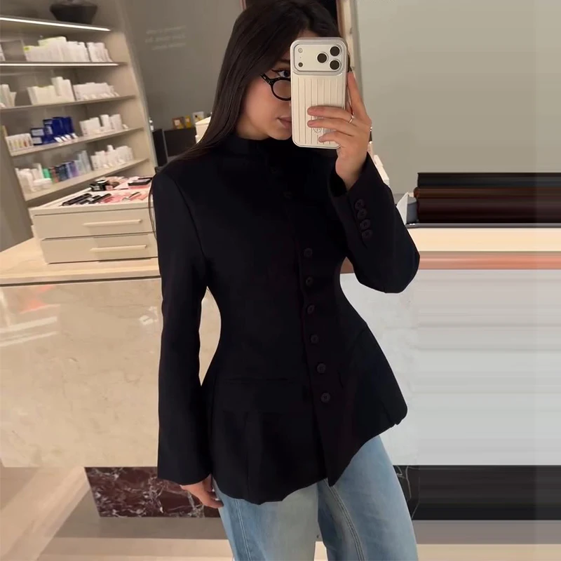 Damen-Blazer mit Stehkragen und Taillenbetonung, elegant, langärmelig, einreihig, schmal geschnitten, schicke Bürojacke – Detail 17