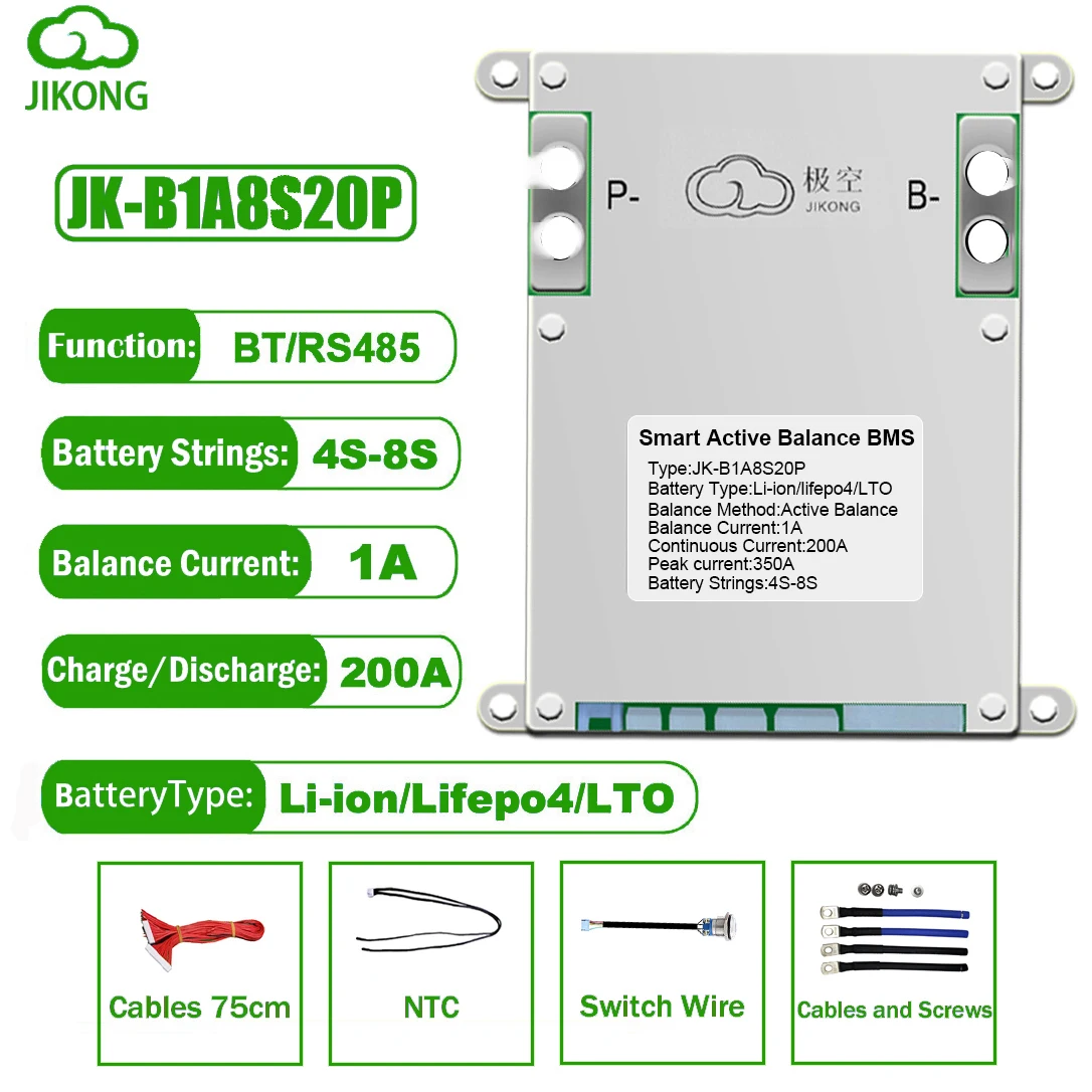 

JK BMS Smart JK-B1A8S20P 1A Active Balance Lifepo4 Battery 18650 4S 12V 5S 6S 7S 8S 24V 200A Li-ion LTO RS485 Camping Home Ebike