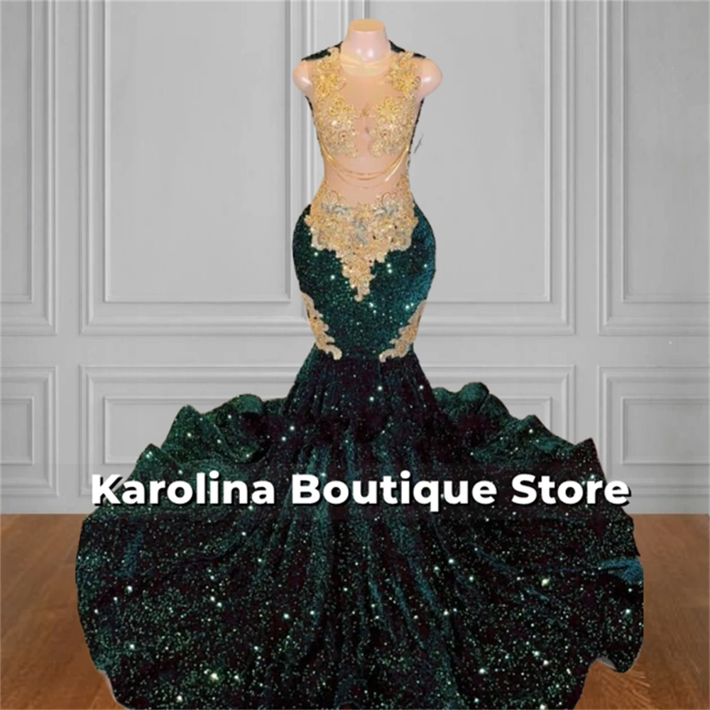 Emerald Green Velvet Sequin Prom Dresses Beaded Gold Lace Applique Tassels 2024 Birthday Luxury Dress For African Blackgirls