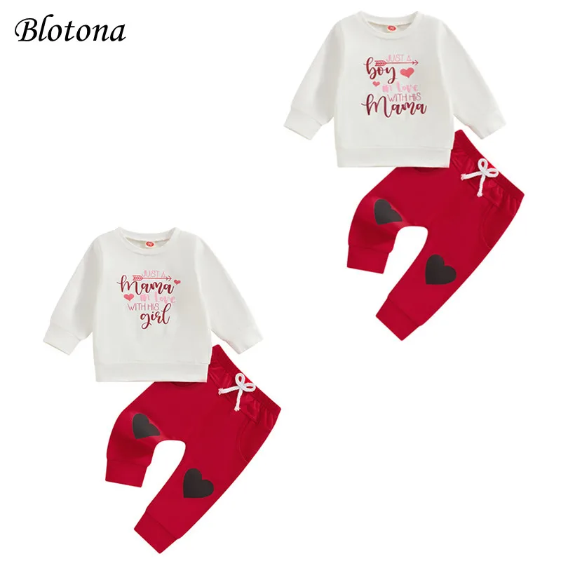 

Blotona Baby 2Pcs Outfit Letter Print Long Sleeve Sweatshirt and Heart Print Elastic Pants Set for Newborn Spring Fall Clothes