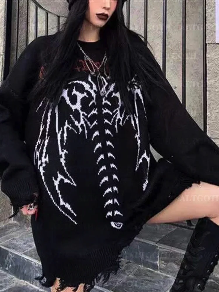 AltGoth Harajuku Cyber Y2k gotycki sweter damski Streetwear Grunge Emo Alt szkielet luźne z dzianiny w stylu Casual swetry z długim rękawem