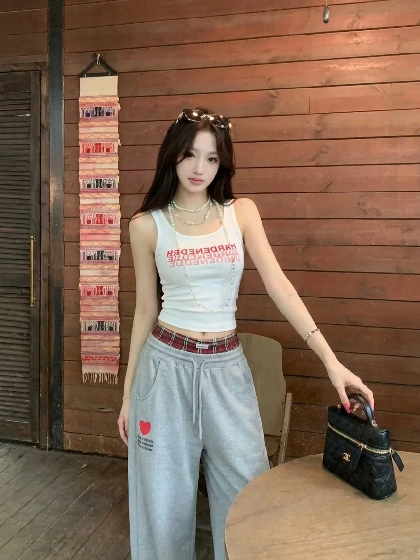 

Summer Vintage Casual Lazy Style Tight Inner Match Strapless Fake Two-Piece Color Block Waist Heart Print Floor-Length Pants