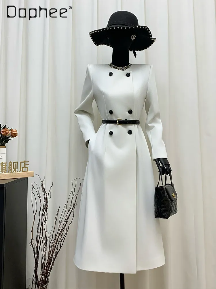 

High-class Temperament Celebrity White Round Neck Double-breasted Trench Coat Women Commuter Style Fashion A-line Coat Spring