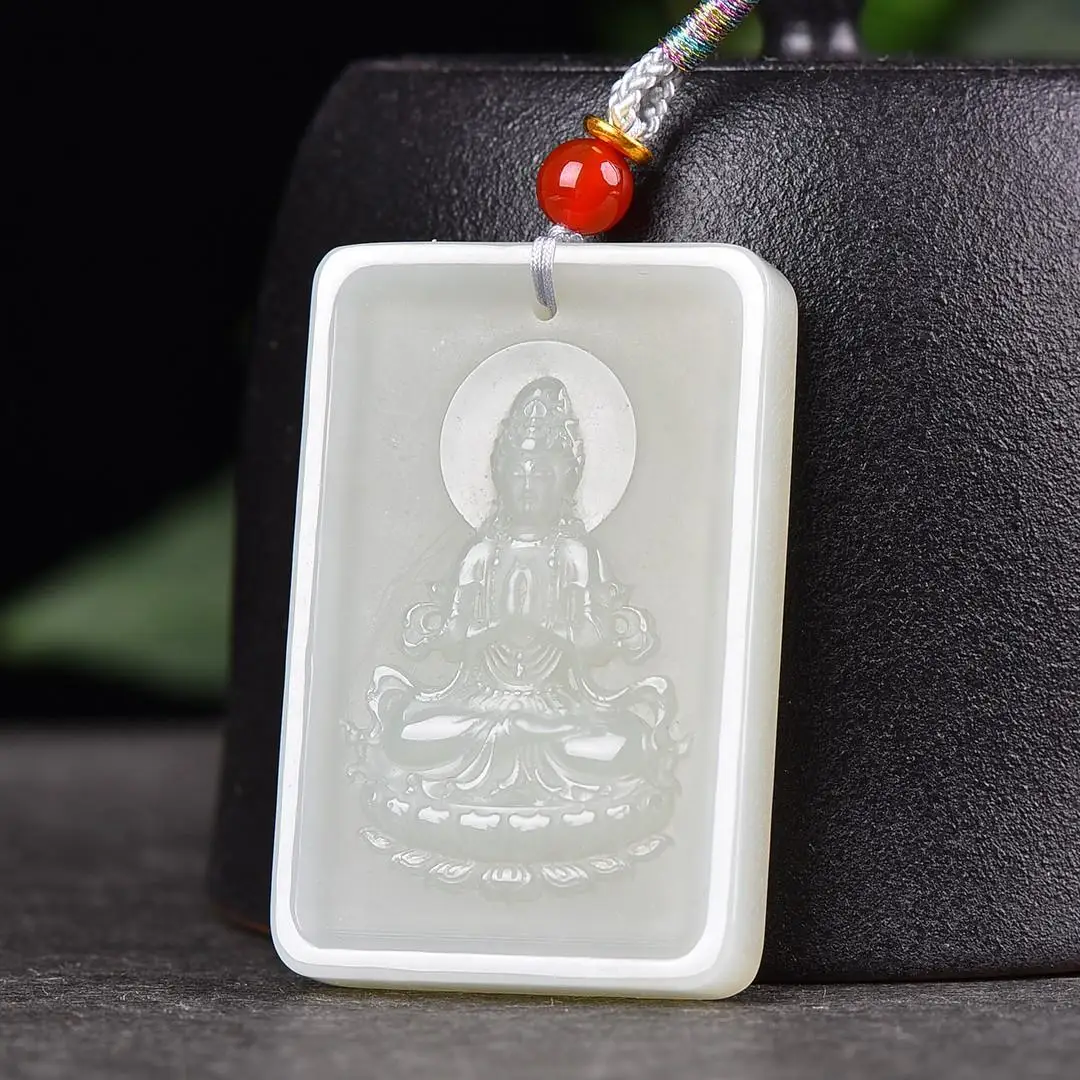 

Natural genuine Hetian jade Guanyin pendant, blue and white Guanyin Bodhisattva men's