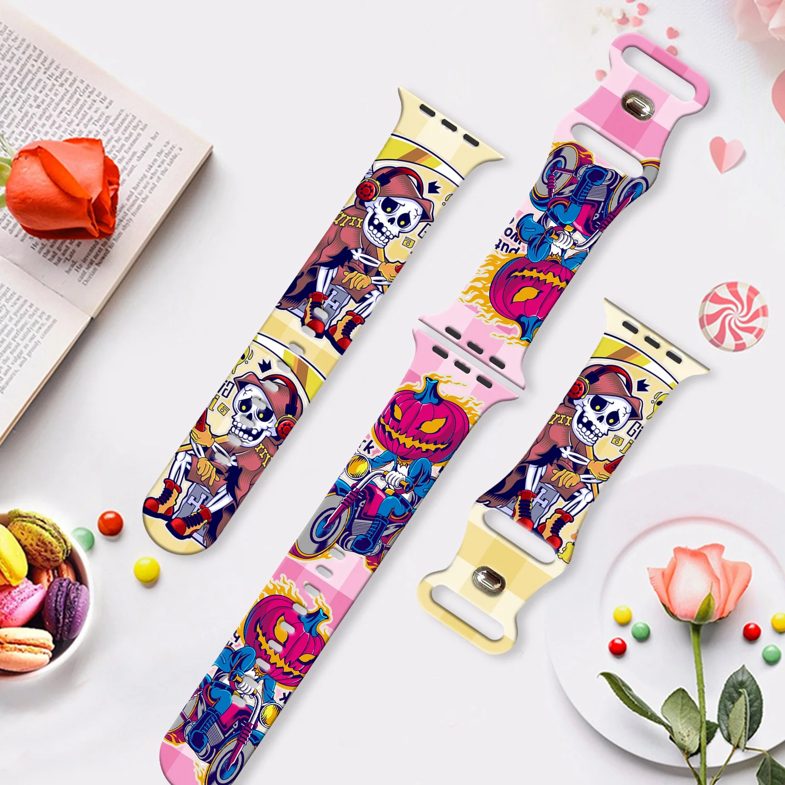 Correa con estampado de patrón de la serie Mischief de Halloween para Apple Watch Series 11/10/9/8/7/SE, correa de silicona suave impermeable 45mm 44mm 42mm