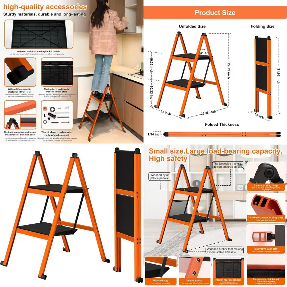 

Aluminum Lightweight Folding 2-Step Stool, 400 lbs Capacity, Anti-Slip, Wide Tread for Home, Kitchen, Office - Space-Saving Oran