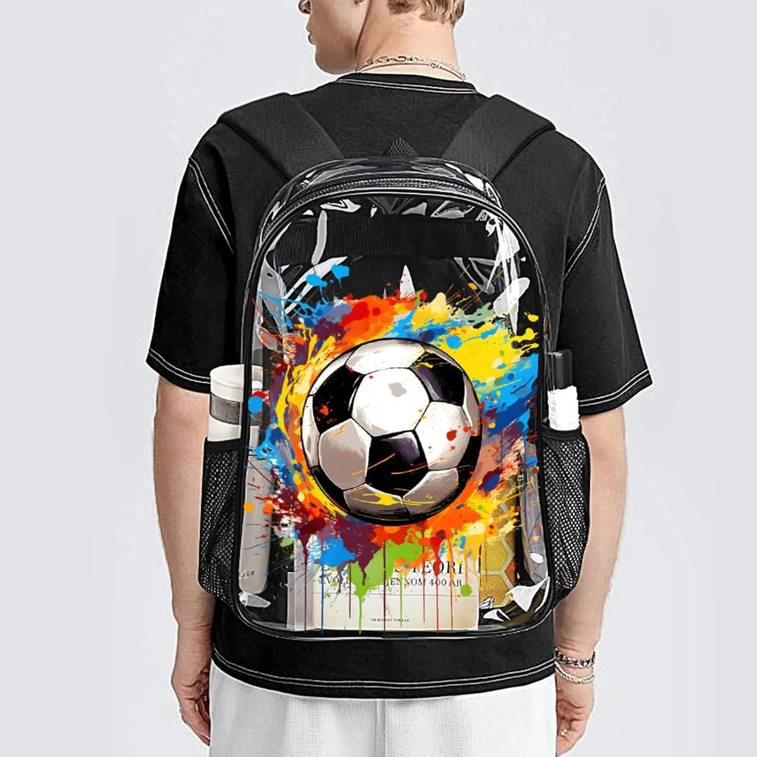 

Прозрачный рюкзак для футбола, прочный, для девочек, детей, мальчиков, женщин, мужчин, большой, милый, из ПВХ, с футбольной тематикой, с принтом, прозрачный