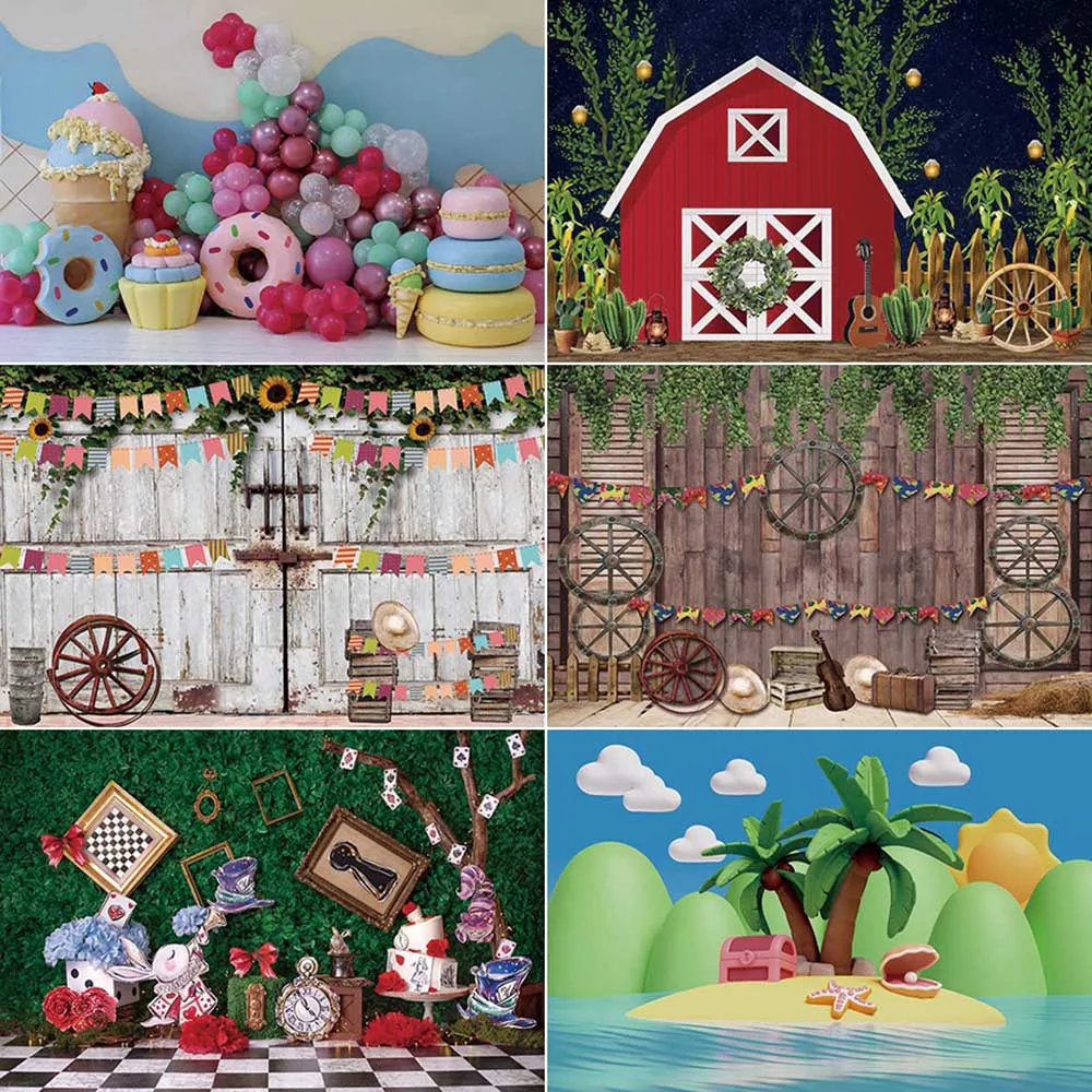 

MOON.QG Baby Birthday Photography Background Coconut Trees Grass Donut Photocall Backdrop Children Studio Photocall Supplies