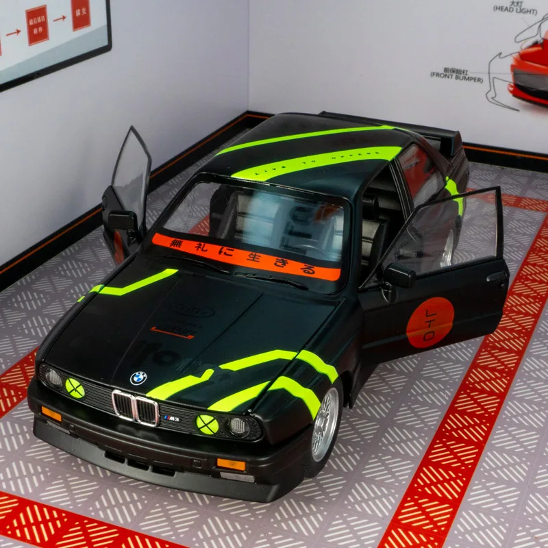 1:24 BMW M3 E30 1988 alloy pull-back toy car door and hood trunk can open has simulated sound and lighting functions