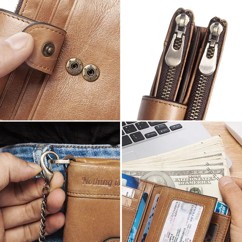 RFID anti-theft brush double zipper leather wallet, multi-card slot men's wallet, crazy horse leather wallet
