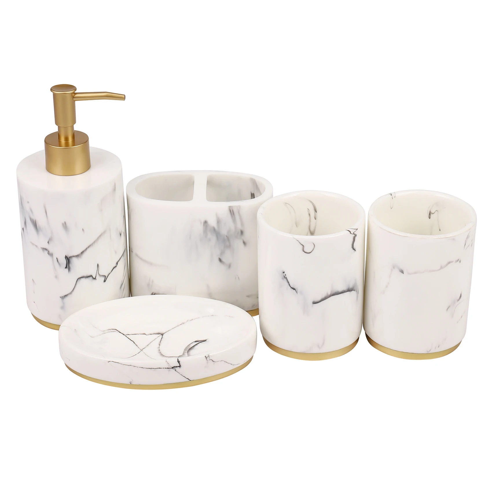 THIVN-Bathroom Accessories Set, 5 Pieces Bath Ensemble, Bath Set Collection Marble Pattern Soap Dispenser Pump, Toothbrush Holde