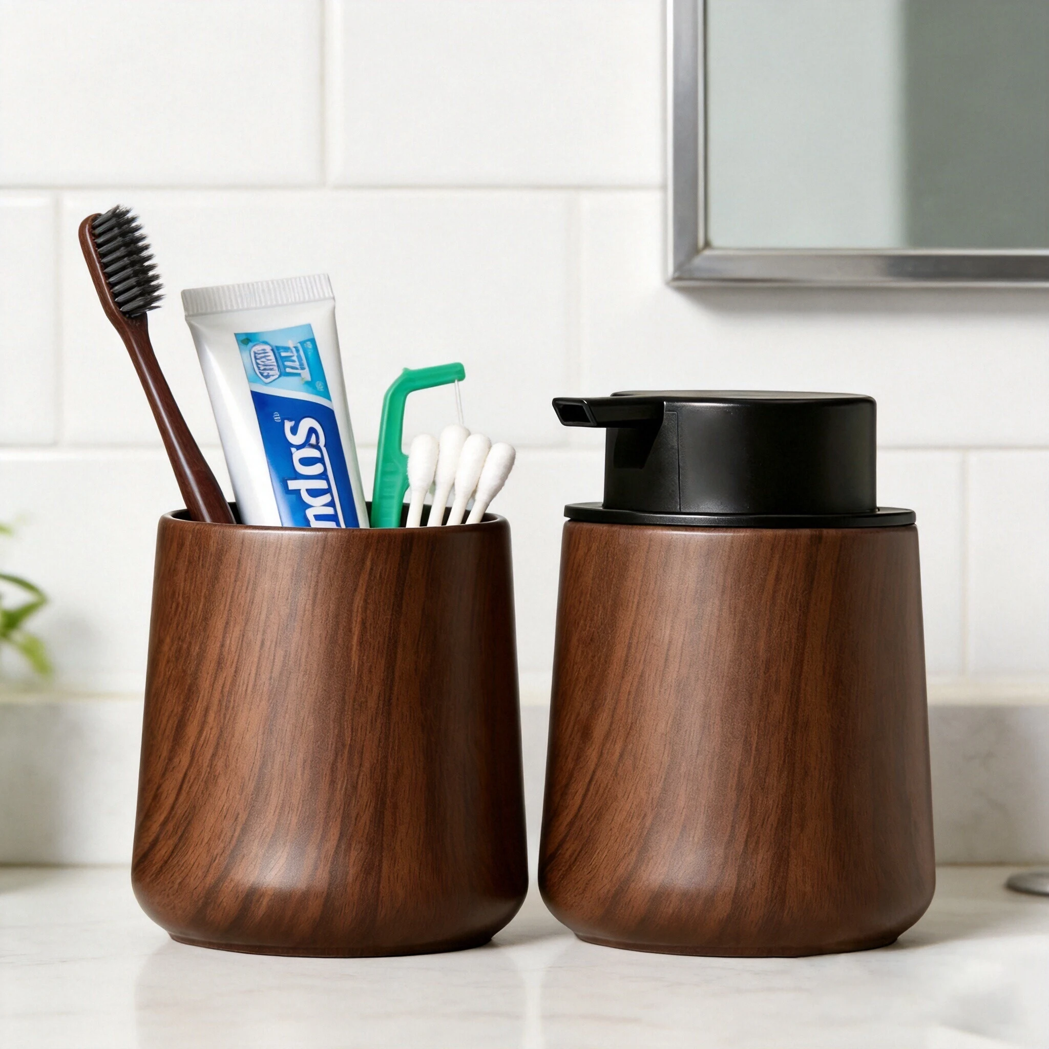 Home Essentials Bathroom Organizer - Elegantes Handseifenspender- und Becher-Set für Badezimmer