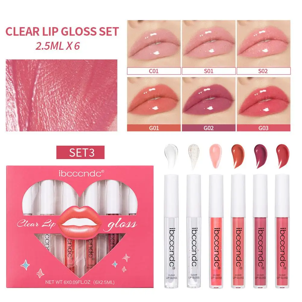 6Pcs Clear Lip Gloss Set idratante rimpolpante idratante balsamo per le labbra ad alto pigmento trucco a lunga durata Lip Gloss Kit regalo per le donne