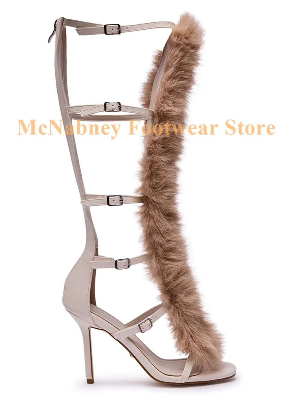 Lvory الفراء مثير كعب ستيليتو الصنادل الرومانية المفتوحة اللوز تو الركبة عالية الصنادل قابل للتعديل زر حزام الخلفية سستة إغلاق #4