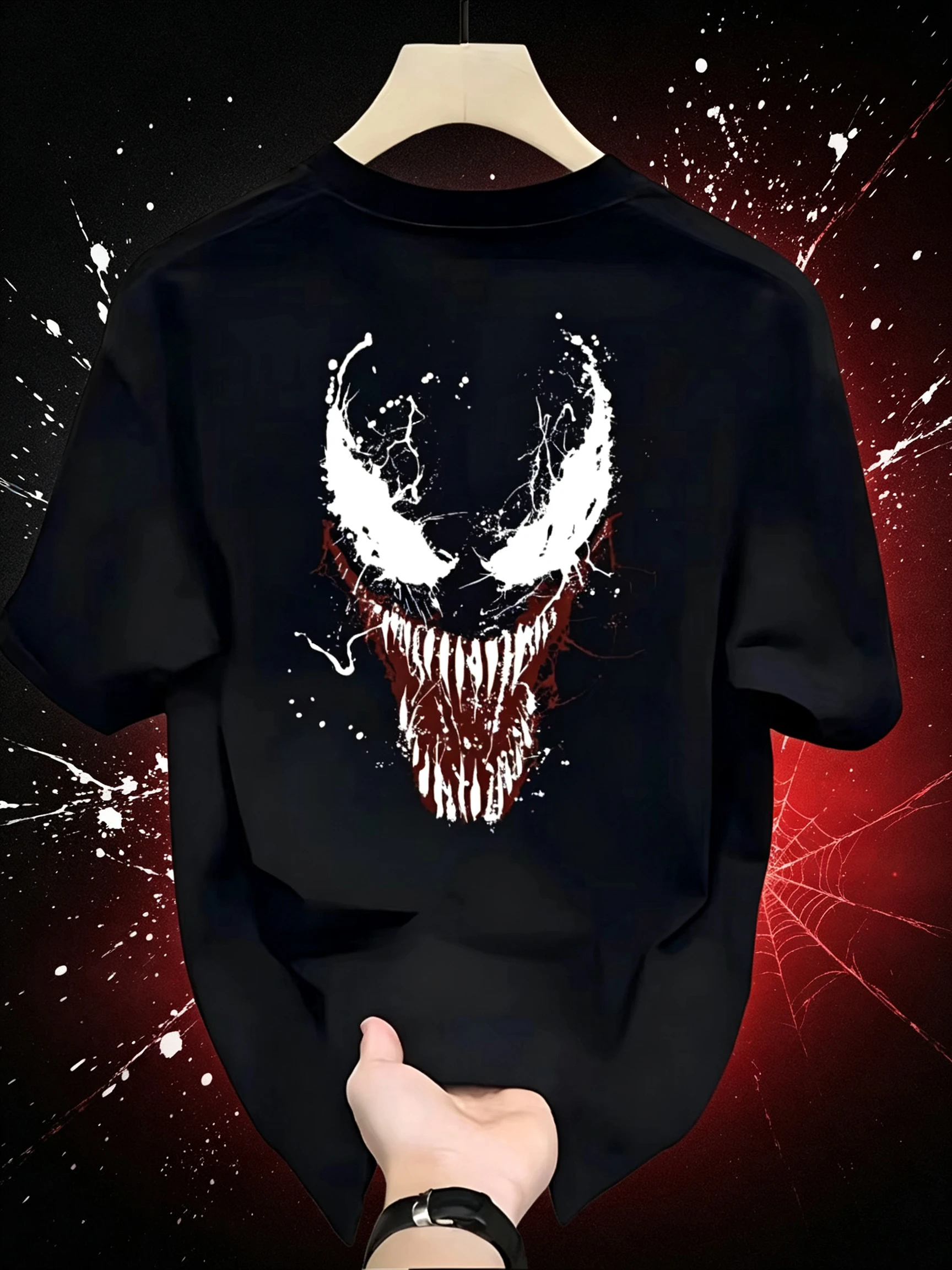 2026 New Venom Back Print Splash Ink Style T Shirt Men Summer Cotton Short Sleeve O Neck Oversized Black Streetwear Tops