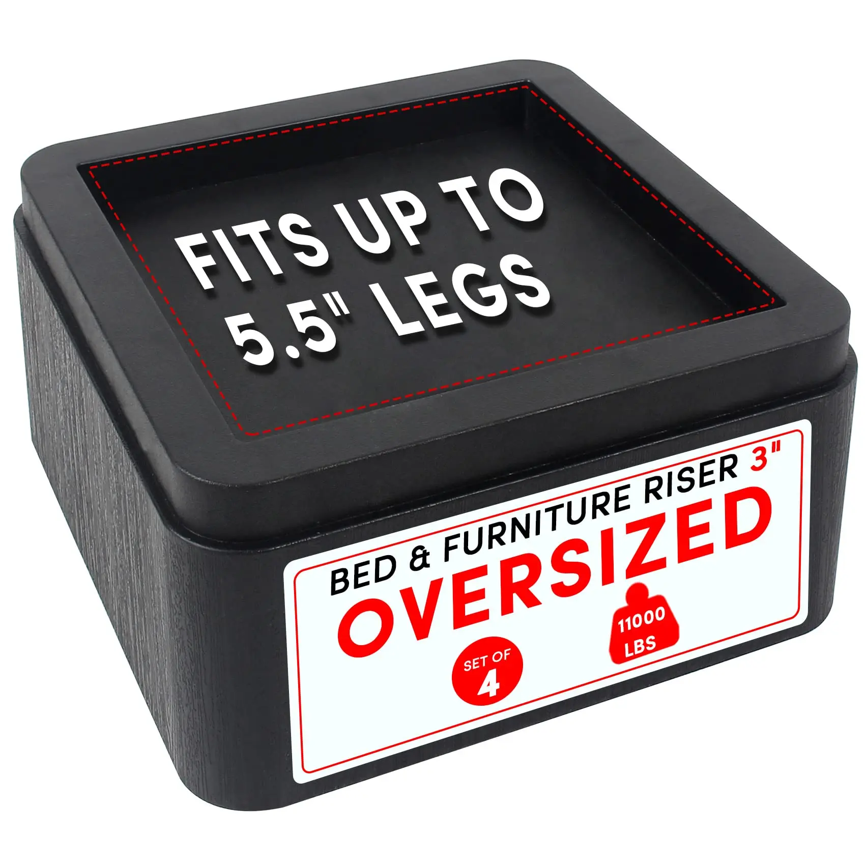 

3 Inch Oversized Heavy Duty Bed And Furniture Riser Set Of 4 — Supports 11000 Lbs, Fits Up To 5.5 Inch Legs, Black Square Design