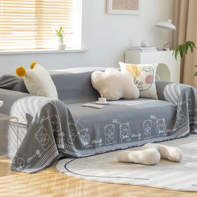 Cotton Linen Sofa Towel Cover Cartoon Bear Rabbit Couch Towel Universal for Seasons Non-slip Couch Dust Proof Decorative Blanket