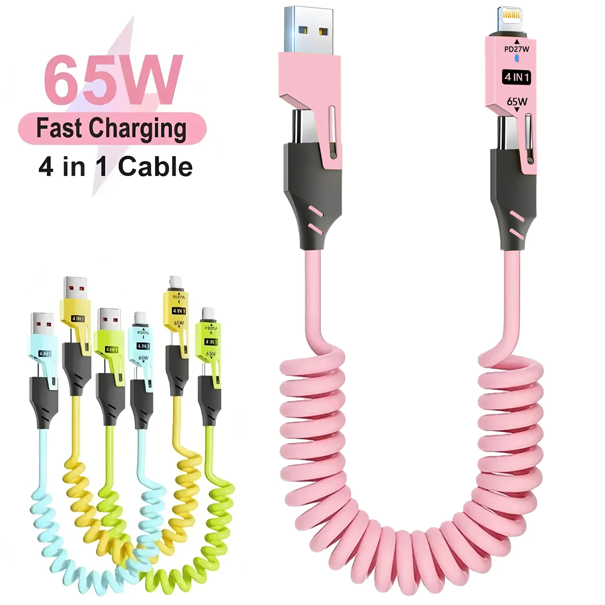 4-in-1 Coiled USB C Cable for Car [240W Fast Charging] USB C to L/Type C/USB A Cable Charger for IPhone15 14 13 12 for Android