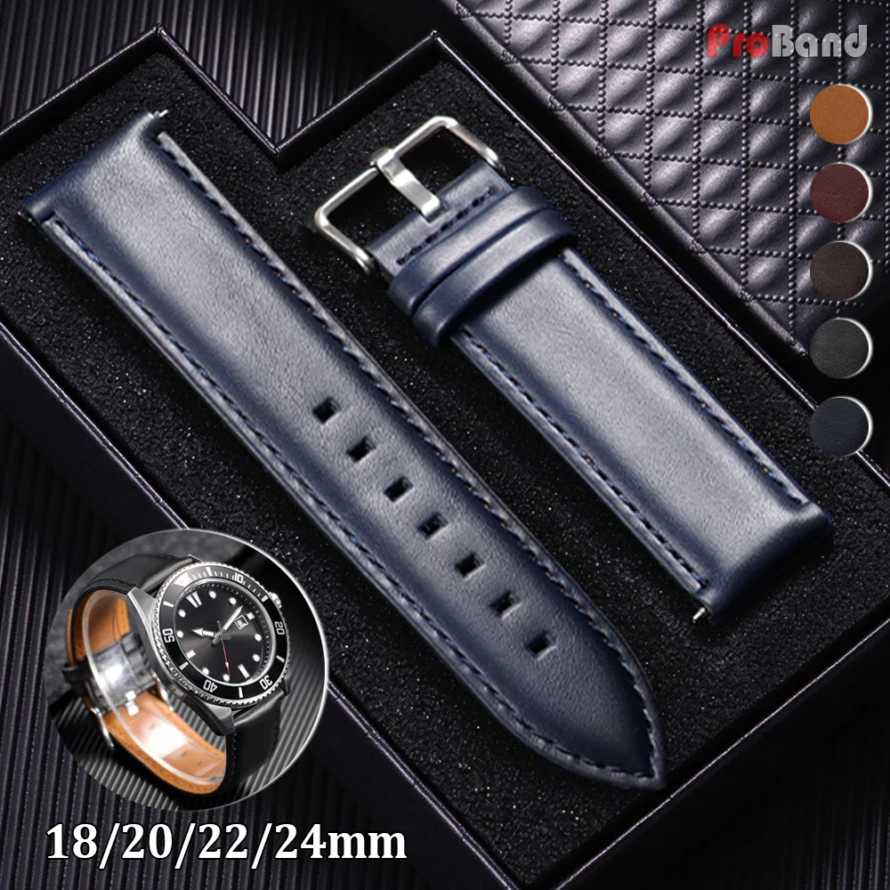 18mm 20mm 22mm 24mm Leather Watch Strap for Seiko for Samsung Galaxy Watch 765 Men Vintage Band Quick Release Bracelet Wristband