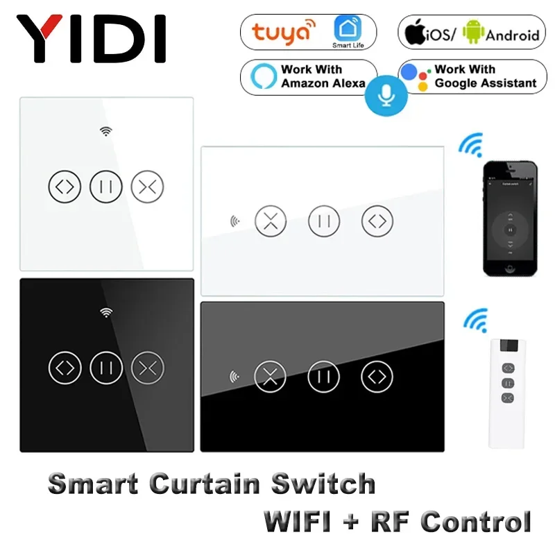 RF433 Wireless WiFi Smart Wall Touch Curtain Switch Remote Control Roller Blind Shutter Curtain Motor Switch Tuya Alexa Google