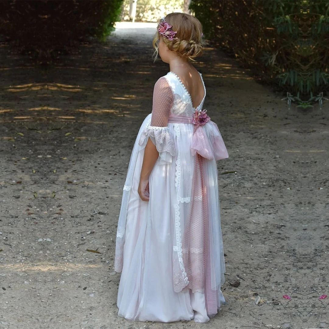 

Fairy Flower Girl Dress Vintage Princess Lace Floral Cotton Fabric Ribbon Belt Bridemini Bridesmaid WeddingParty Gown