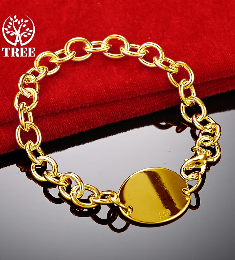 ALITREE 24K Yellow Gold Oval Tag Chain Bracelets For Woman Party Engagement Wedding Christmas Birthday Fashion Jewelry Gifts