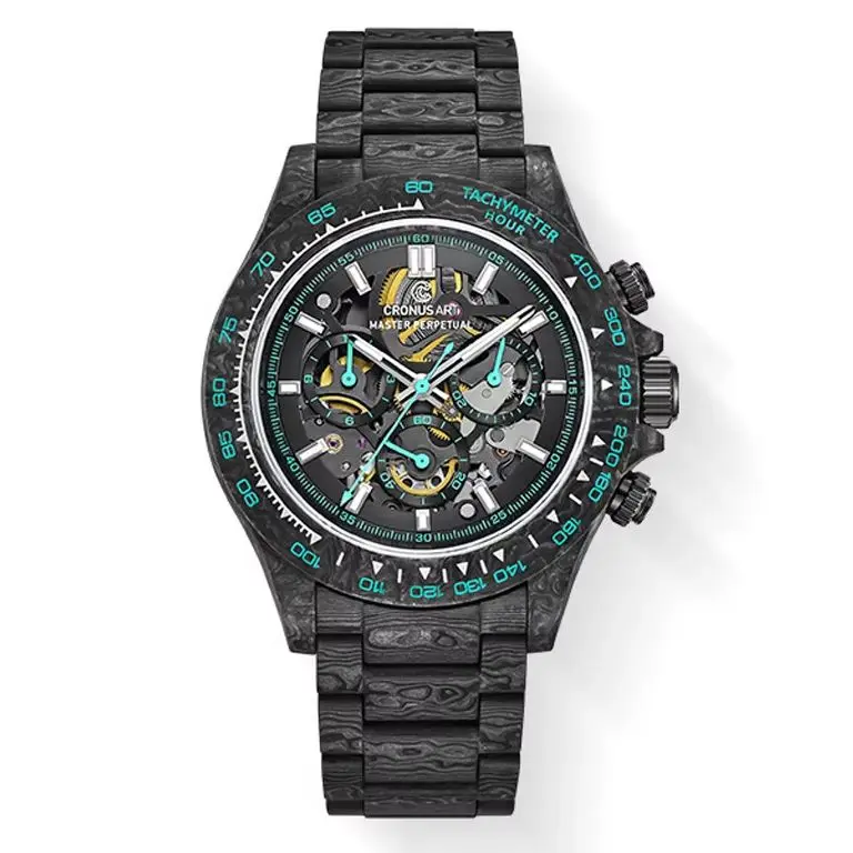 CRONUSART Men Chronograph Watch 42mm Automatic Mechanical Wristwatch Carbon Fiber Case & Strap Sapphire Luminous Skeleton Dial