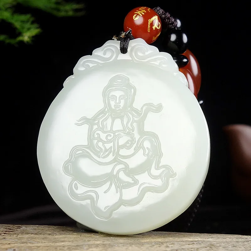 

Ювелирные изделия из натурального нефрита Хэтянь, белого нефрита, круглый кулон Ruyi Guanyin Bodhisattva для мужчин