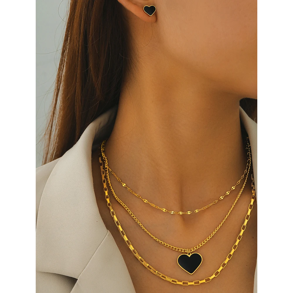 Stainless Steel Necklace New Heart Earrings Accessories Multi-Layer Chain Heart Pendant Necklace For Women Jewelry Party Gifts