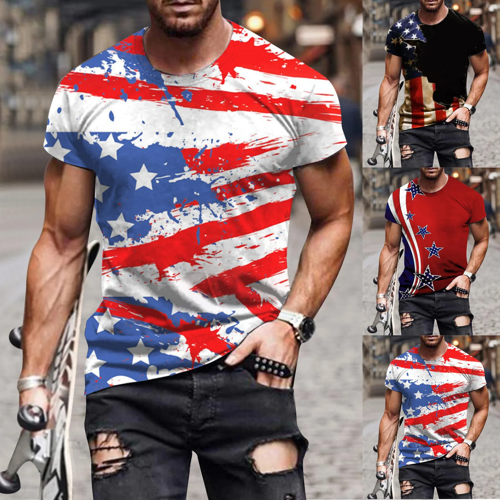 Men's Summer Fashion Casual Blouses Round Neck Short Sleeve 3D Digital Printing Independence Day T-shirts Male Loose Tops