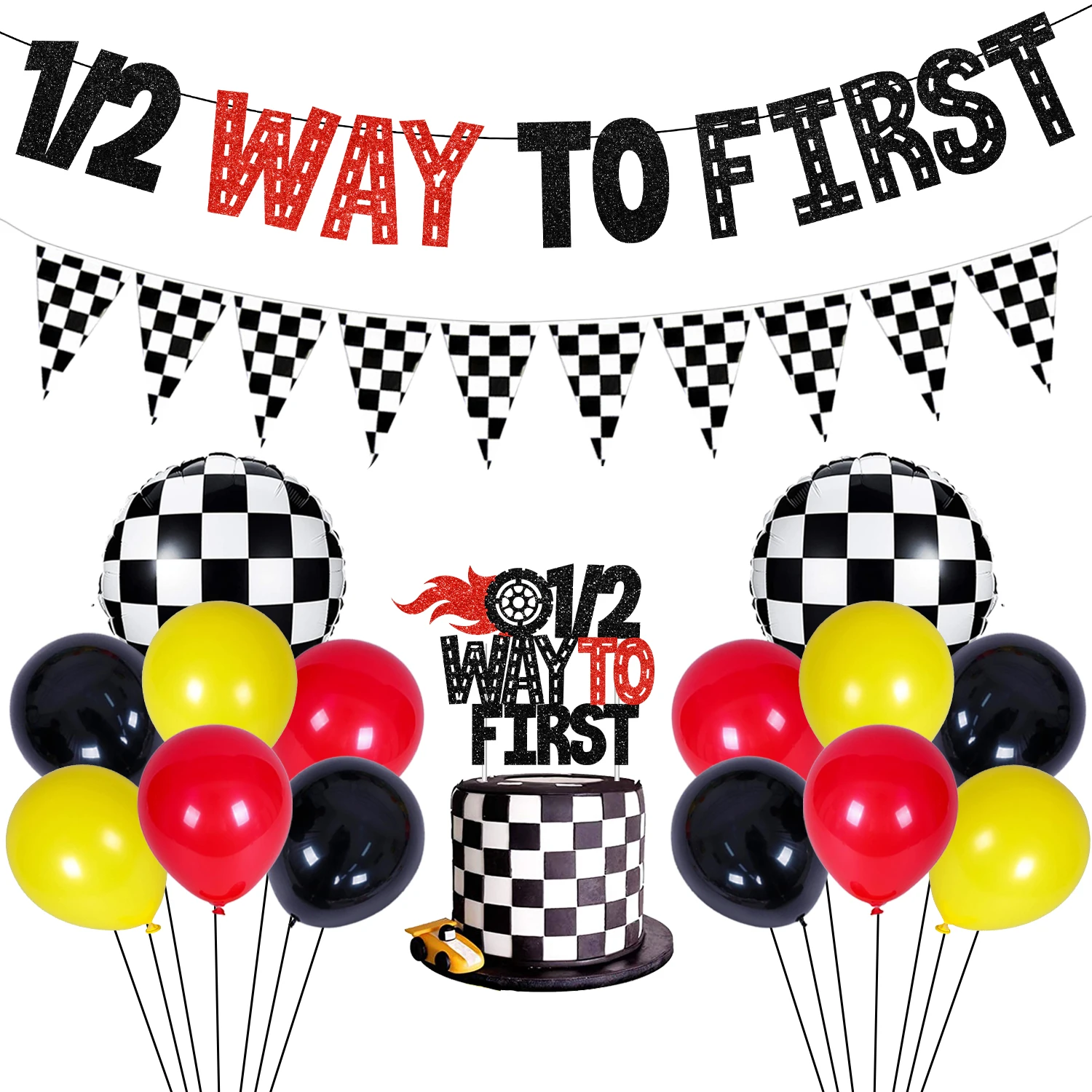 

Race Car Themed Half Birthday Decorations 1/2 Way To First Banner & Cake Topper Red Black Racing Balloons for 6 Months Boys