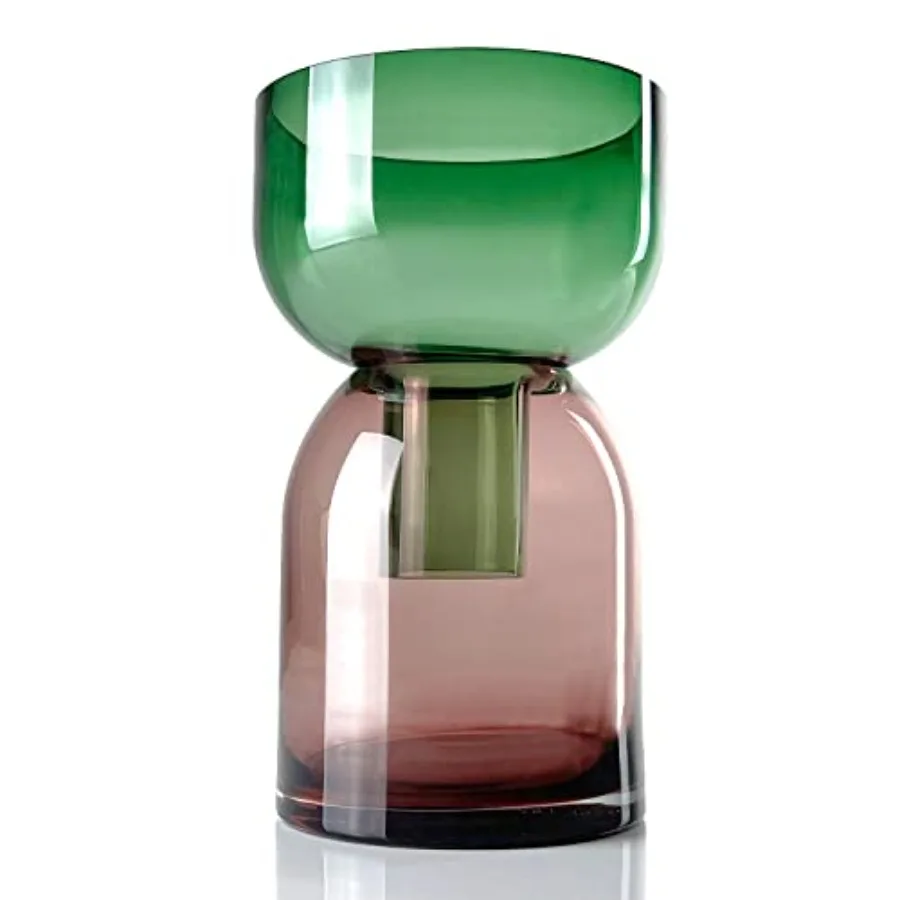 

Large Reversible Glass Flower Vase and Bud Vase, Green and Pink, 9.5" Height x 5.6" Dia, Home, Wedding, and Event Decor