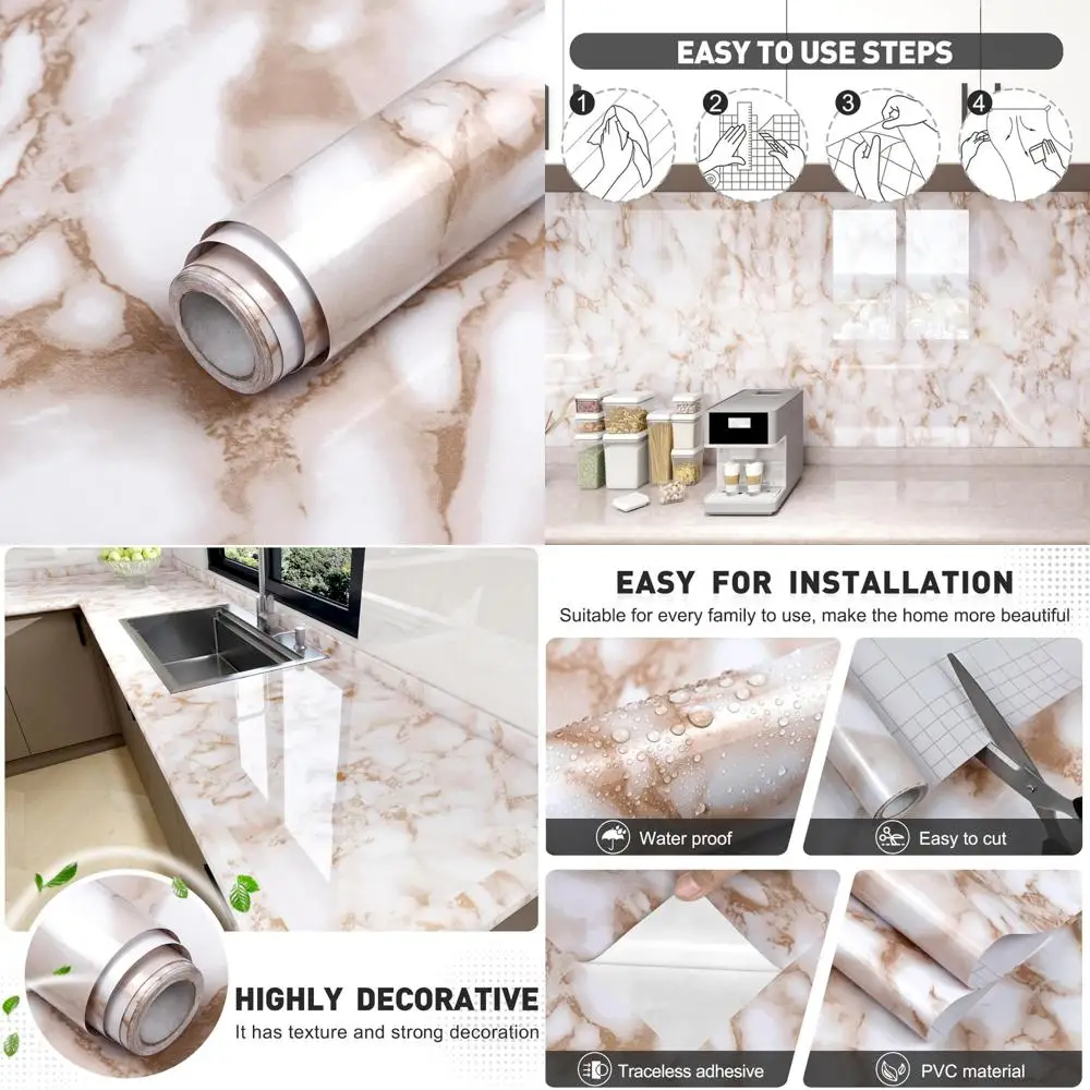 ورق اتصال رخامي لامع مقاوم للماء قابل للتقشير واللصق لأسطح الكونترتوب والأثاث - سهل الإزالة، ذاتي اللصق، أبيض وY