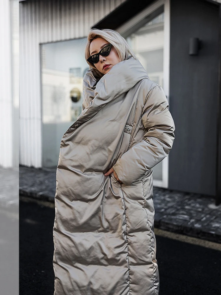 Winter Coat Female Women\'s Puffer Jacket Thick Windproof Warm with Belt Outerwears Glossy High-end Trend High Street Down Jacket