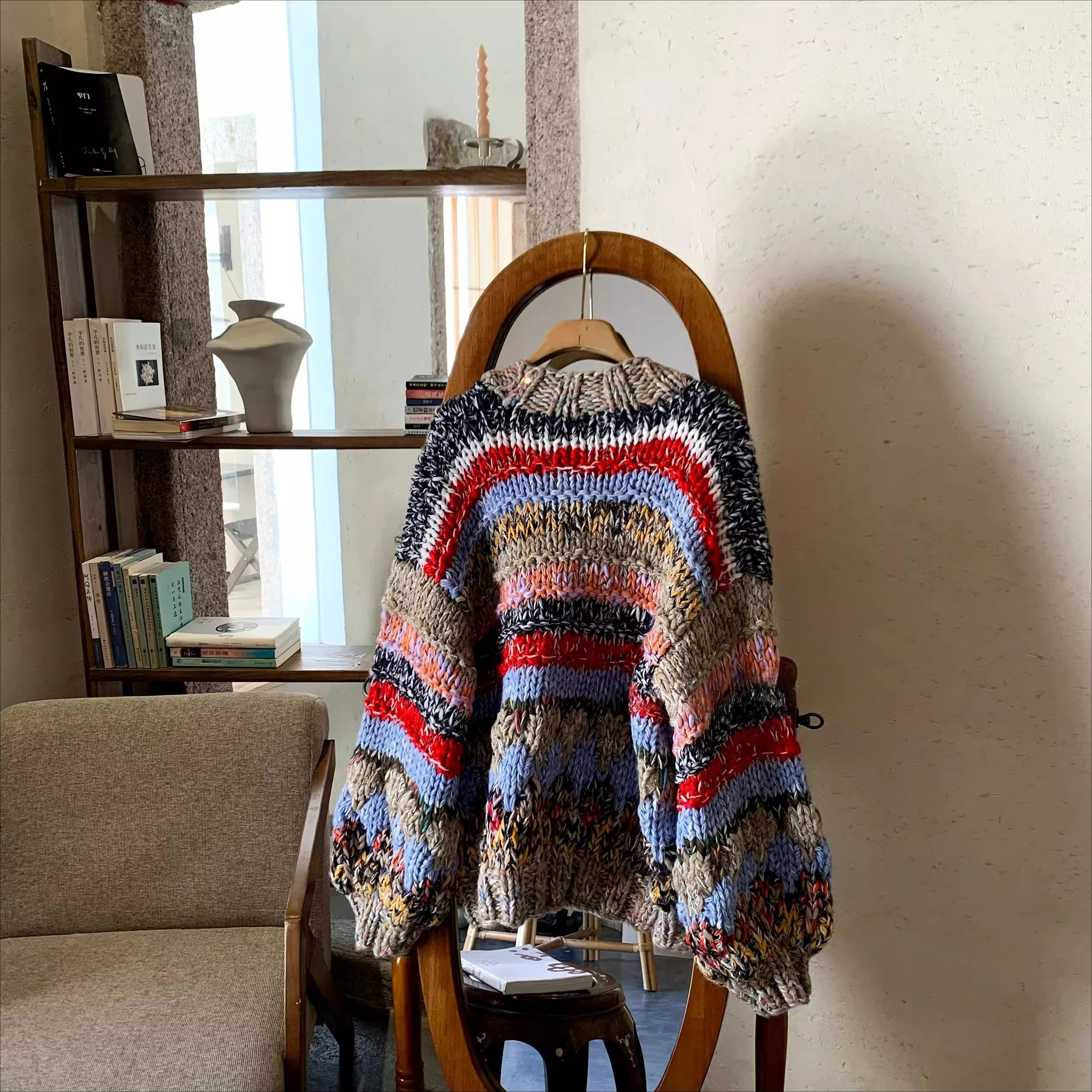 Women Vintage Multicolor Chunky Knit Cardigan Color Block Loose Fit Open Front Sweater Coat Long Sleeve 2025 Fall Winter Outfits