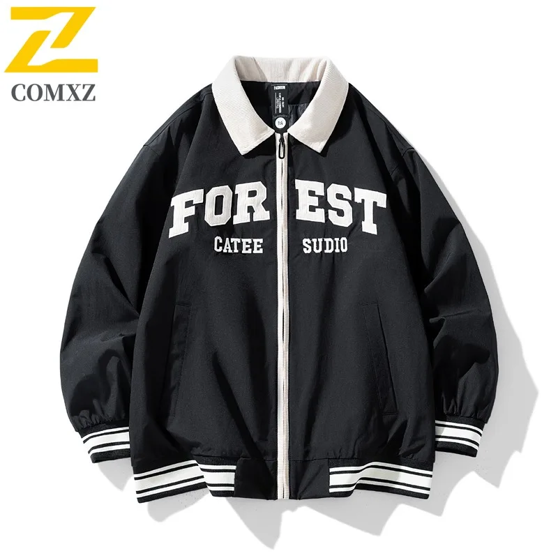 COMXZ Men Jacket 2025 Loose Collar Casual Fashion Print Lettering Jogging Travel Outdoor Hiking Coat Autumn Windbreaker Jackets