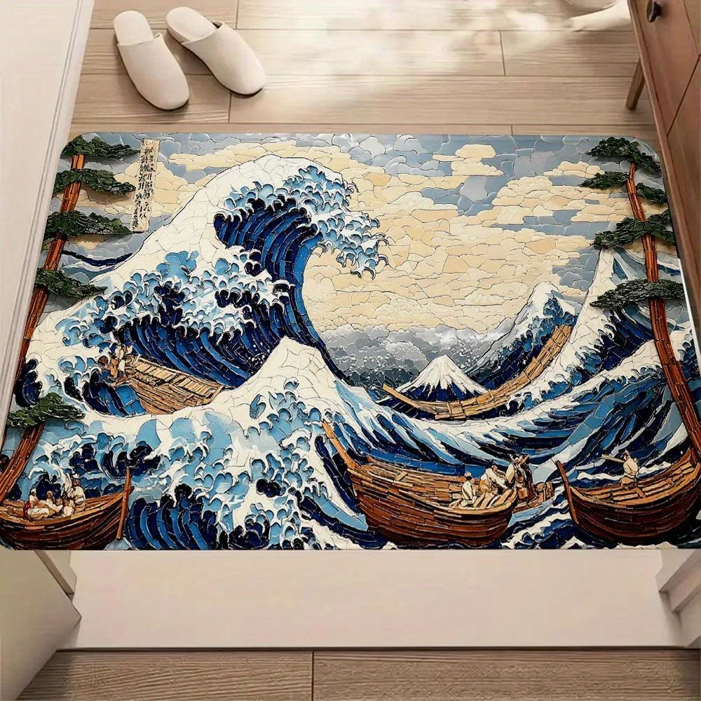 Hokusai Great Wave Bath Mat – Non-Slip Rubber Backed Machine Washable Rug Featuring Kanagawa Wave Mosaic Art Decor