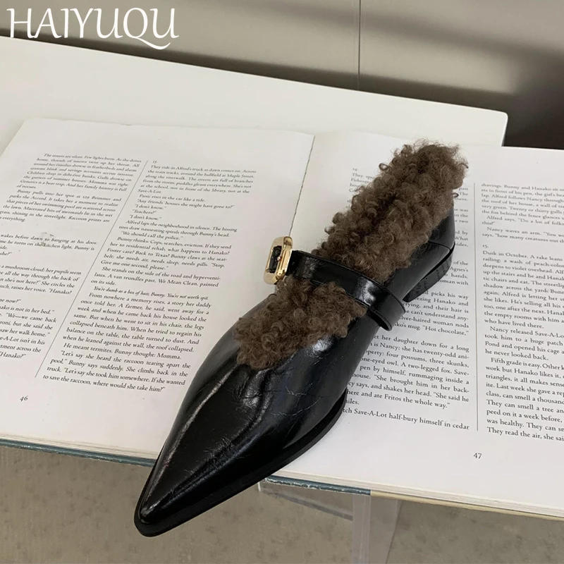 Pointed Toe Fur Women Shoes Flats Fashion Shallow Shoes Woman 2024 Trend Brand Mary Jane Cotton Shoes New Mujer De Snow Botas