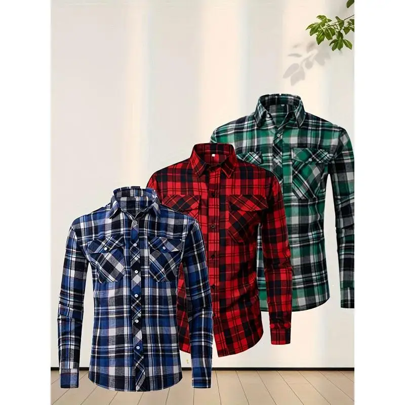 Casual Plaid Men's Shirt Jacket CleanFit Cuban Collar PU Leather Fleece Lined Three-quarter Sleeve Summer Autumn Winter