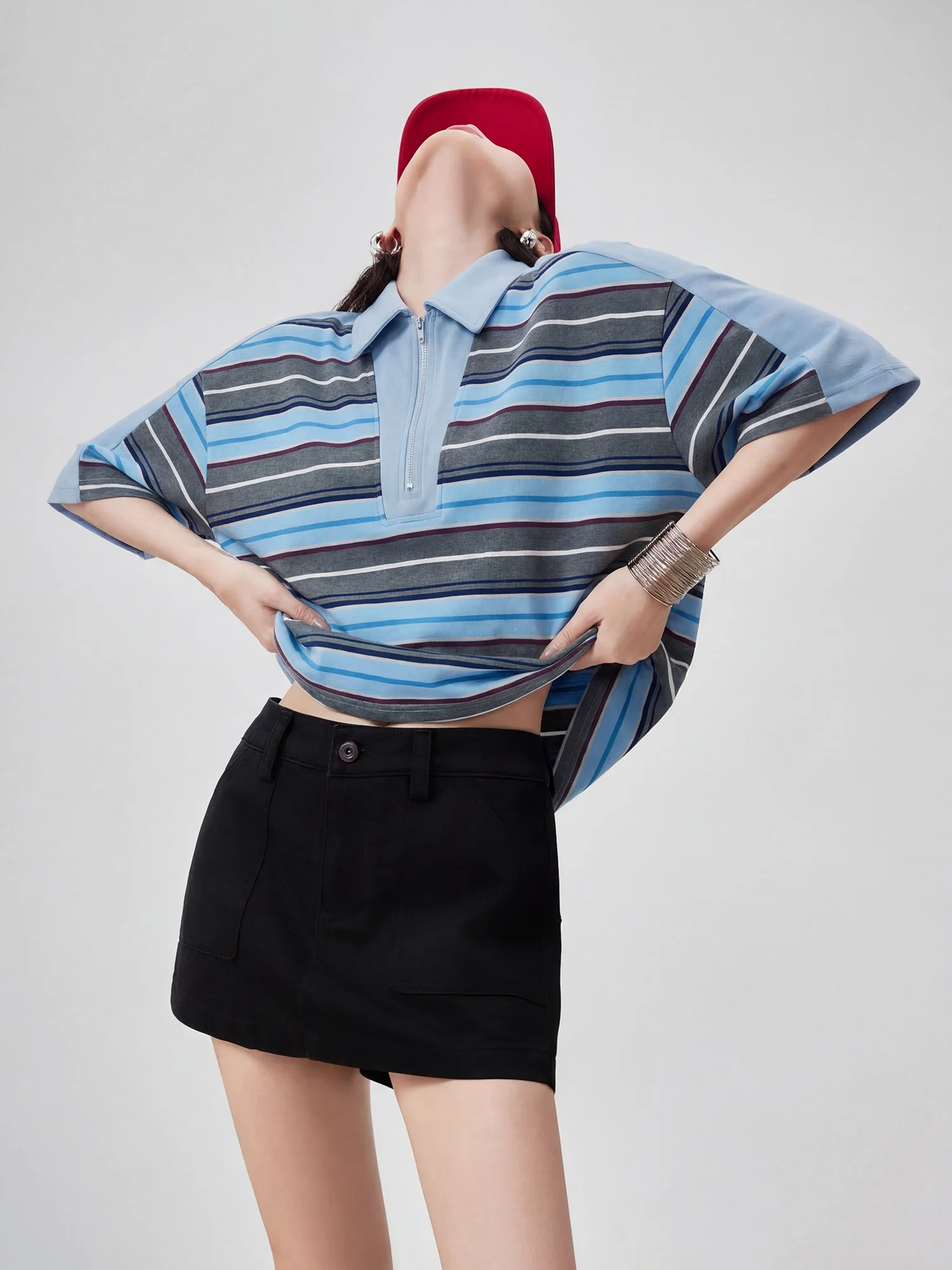 

Синяя женская футболка в американском ретро-стиле с полосками, свободного кроя, средней длины, с коротким рукавом, удобная, дышащая, из полиэстера