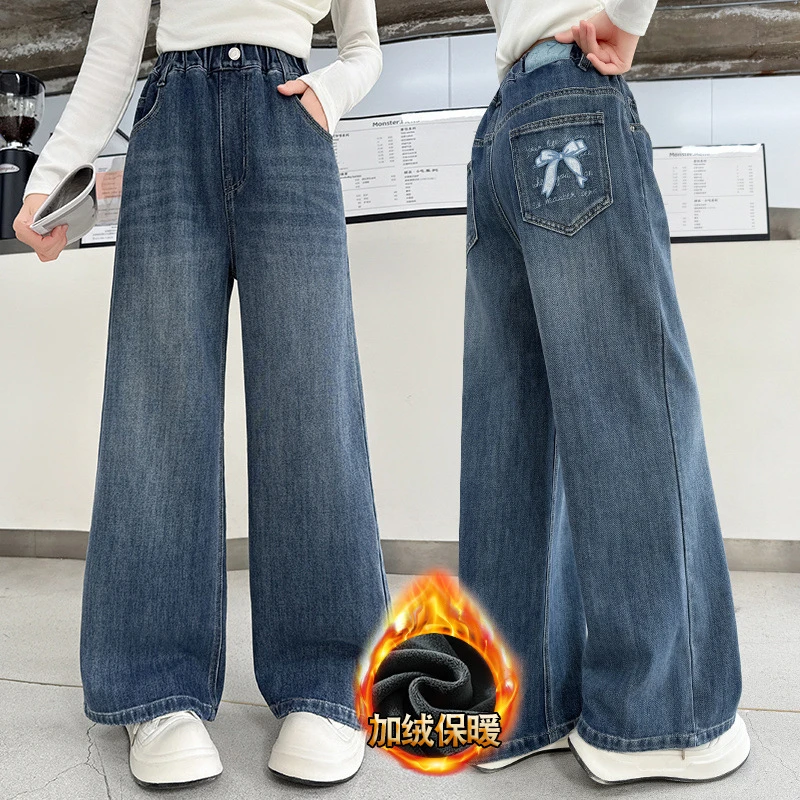 Girls Winter Thermal Jeans with Cherry Embroidery For Child Warm Fleece Denim Pants Teens Kids Loose Straight Insulated Trousers