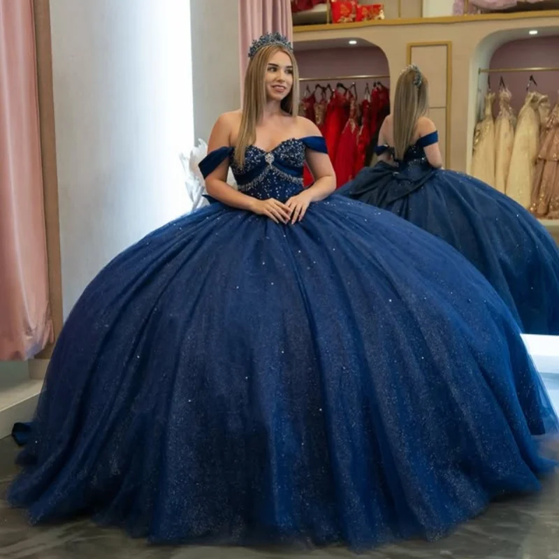 

Customized Shiny dark blue Quinceanera Dresses Off the Shoulder sequin applique crystal layering Bow Vestido De 15 Quinceanera