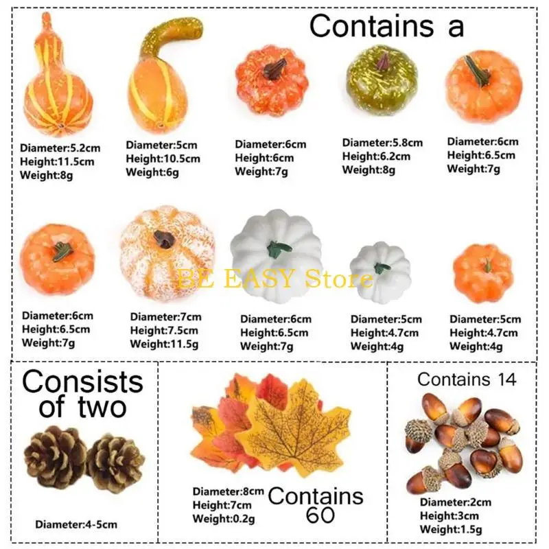 E28F Artificial Pumpkins Maple Leaves Pine Cones Acorns Set Fake Pumpkin Vegetables - view 4