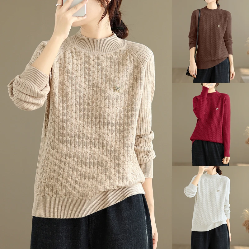 Outono inverno feminino malha redonda Ne suéter oulder inserção Thiened camada base quente top japonês Sle poliéster Ac...