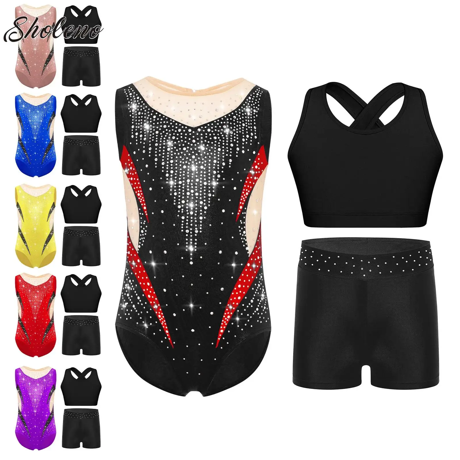 

Kids Girls Gymnastics Dance Bodysuit Figure Skating Outfit Mesh Patchwork Sparkling Rhinestones Metallic Leotard+Vest+Shorts Set