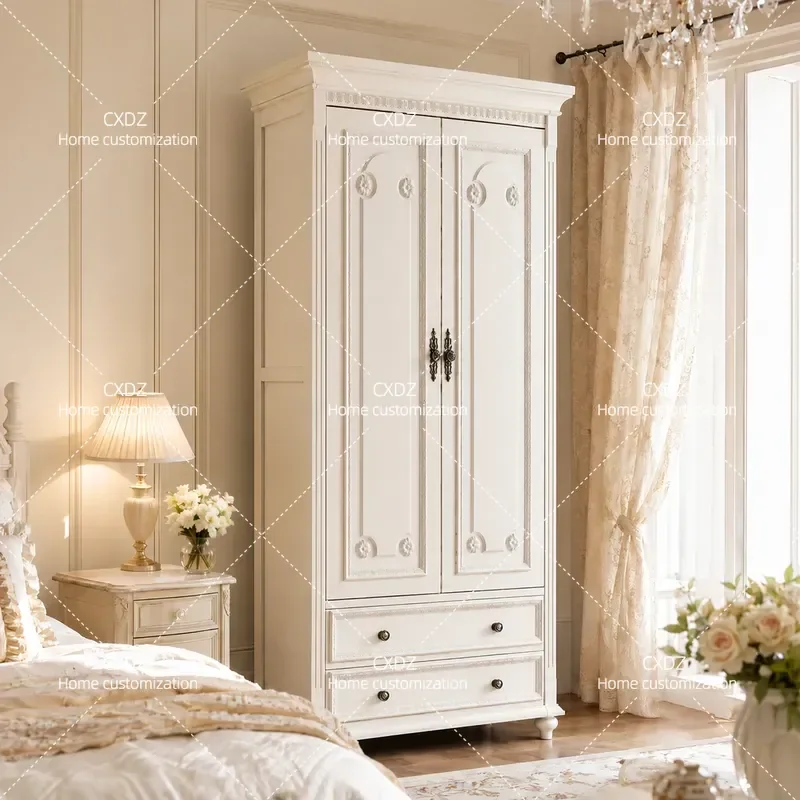 Pure solid wood small apartment double door custom American French cream style retro wardrobe bedroom home bed and breakfast