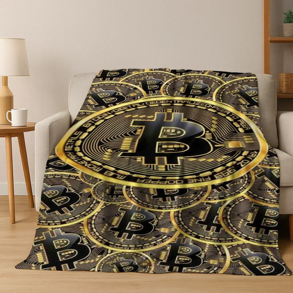 3D HD Bitcoin Money Pattern Flannel Blanket Soft Warm Blanket for Home Bedroom Office Travel Camping Picnic Gift To Friend