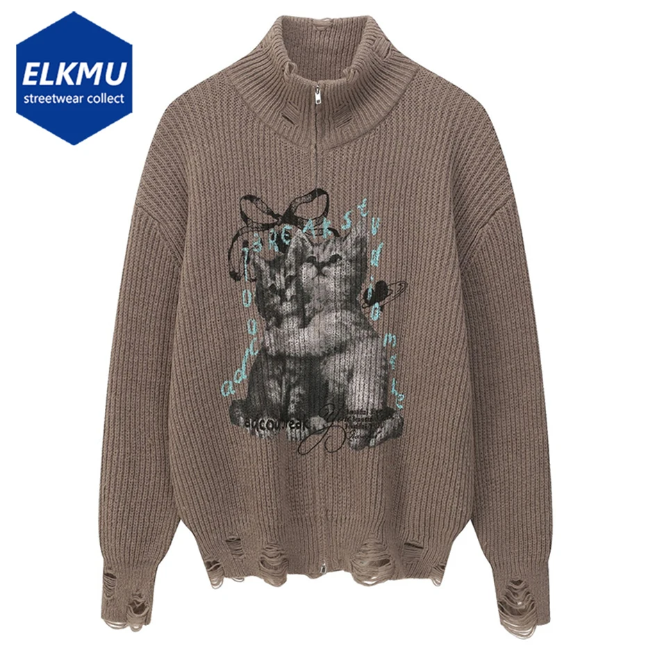 

Свитера с рисунком кота, мужские рваные вязаные кардиганы с высоким воротом, уличная одежда, Harajuku, хип-хоп, большие винтажные свитера, трикотаж Y2K