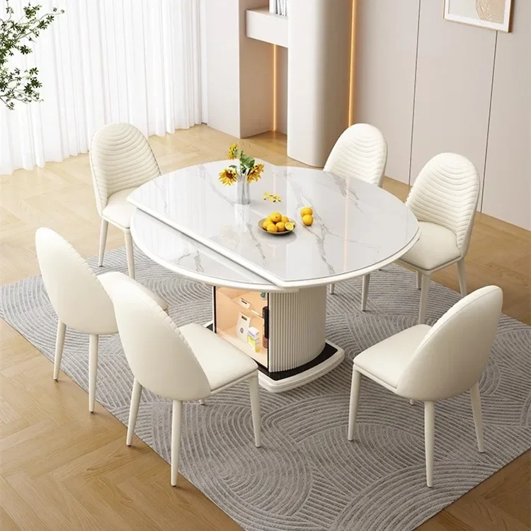 

A Cream Style Burnt Stone Dining Table Set 6 Retractable Family Restaurant Hotel Folding Round Table with Lockers